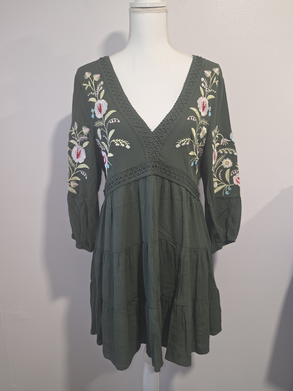 Audrey Parks Francesca's Green Boho Embroidered Tunic Mini Dress Women's Size L
